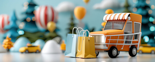Aufkleber - whimsical 3D render of toy delivery truck with shopping bags, set in colorful, festive landscape with balloons and trees. scene conveys playful and cheerful atmosphere