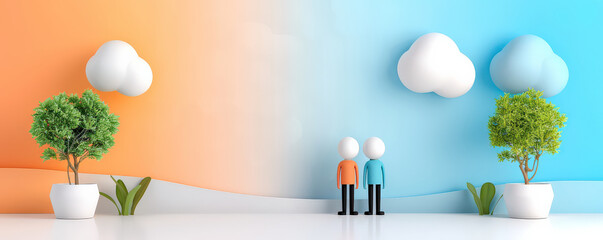 Poster - Two stylized figures stand between potted trees under fluffy clouds, set against gradient orange and blue background