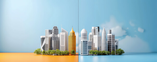 Aufkleber - minimal 3D render of financial district skyline features flat design with contrasting orange and blue backgrounds, highlighting modern architecture and urban greenery