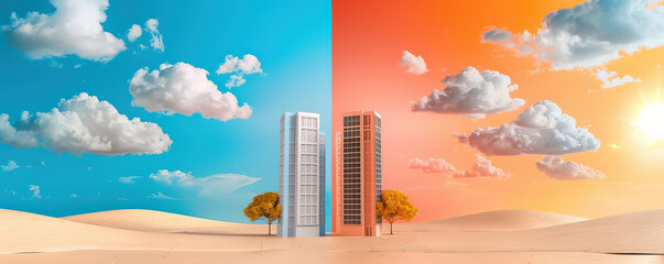 Poster - Two minimalist skyscrapers stand in desert landscape, divided by contrasting blue and orange skies, with fluffy clouds and trees adding depth