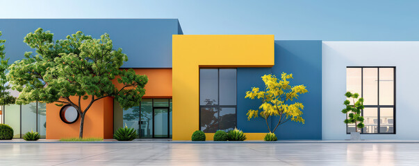 Aufkleber - modern office building with minimalistic design features vibrant colors and geometric shapes, surrounded by greenery and clear sky