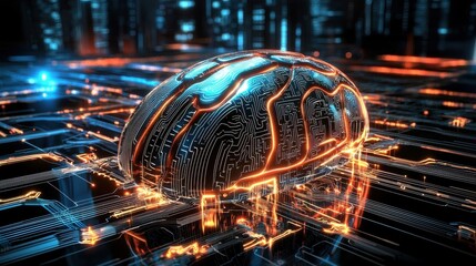 Glowing futuristic brain or intelligence concept visualizes data information and computing power  Digital technology innovation and high tech design elements in an abstract 3D rendered background