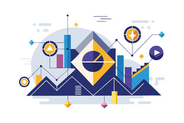 Leinwandbilder - Vector illustration showcasing modern data analytics with geometric shapes, graphs, and vibrant colors on a digital landscape