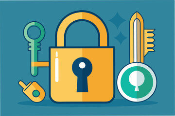 Fototapete - Colorful vector illustration of a padlock with keys and a safe depicting security concepts in a modern style