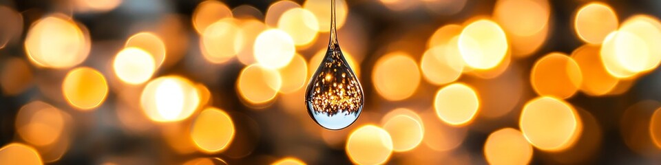Wall Mural - Single Water Droplet Reflecting Golden Bokeh Lights, Abstract Sparkly Christmas Lights Background