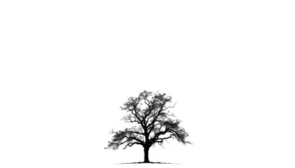 single, majestic tree silhouetted against a pure white backdrop, ecology, digital