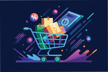 Aufkleber - Shopping cart filled with colorful items and discount symbols in a vibrant, modern design showcasing online shopping trends