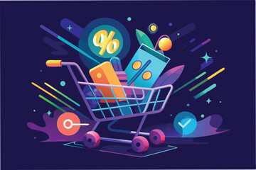 Aufkleber - Shopping cart filled with colorful items and discount symbols in a vibrant, modern design showcasing online shopping trends