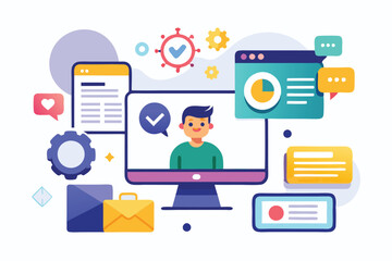 Aufkleber - Colorful vector illustration depicting digital communication tools and technology elements in a workspace environment