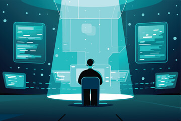 Futuristic VR program interface holographic cityscape, neural network overlay, user wearing headset, sleek tech.