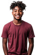 © Vyio - Cheerful, young African American teenage boy or high school student with short curly dreadlocks wearing a maroon t-shirt and smiling, isolated on a transparent background, cut out