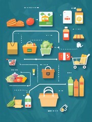 Aufkleber - Grocery order flow infographic showcasing selection, checkout, packaging, delivery, and satisfaction in a clean modern design
