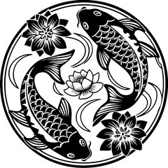 Wall Mural - line art koi carp seen from above in a clear pond