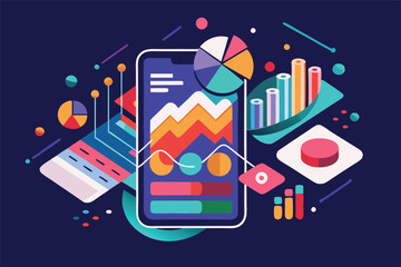 Fototapete - Vector illustration showcasing a digital dashboard with colorful charts and graphs representing data analytics in a modern workspace environment