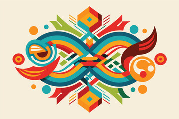 Poster - Vibrant geometric illustration featuring colorful abstract shapes and patterns in a symphonic arrangement of lines and curves