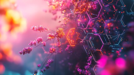 Wall Mural - abstract futuristic network: glowing hexagons, data clusters, and connection nodes in vibrant pink a