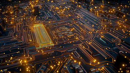 Detailed Circuit Board Illuminated With Golden Lights Depicting Electronic Network System Technology