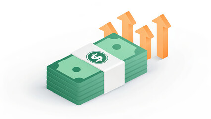 Leinwandbilder - stack of green banknotes with upward orange arrows symbolizes financial growth and success
