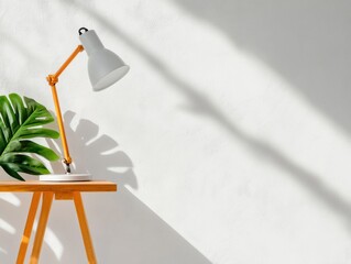 Fototapete - Minimalist Wellness Workspace Vibrant Orange Ergonomic Lamp with Tropical Monstera Leaf - Modern Productivity Design for Remote Work Environments