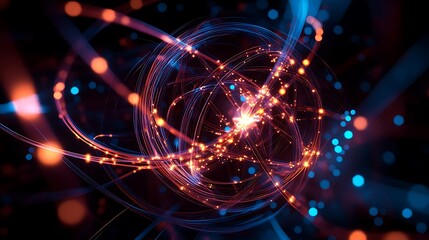 Wall Mural - abstract glowing spheres of light with data streams and neon colors in dark background.