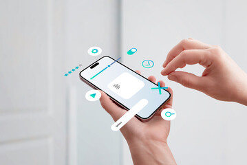Poster - Hand holding smartphone, assembling UI elements on screen, concept of mobile app interface design and user experience