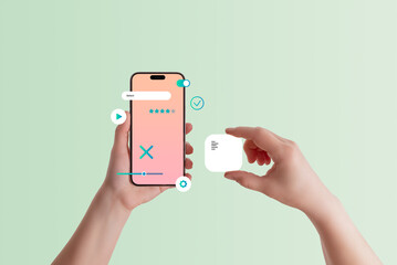 Poster - Front view of smartphone in hand, adding text box element to mobile application, concept of UI design, app development, and user experience customization