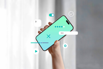 Poster - Raised smartphone with flying UI components, symbolizing app design, user experience, and software development process