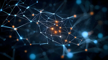 Abstract Digital Network Design with Blue and Orange Points Connected by Lines on Dark Background