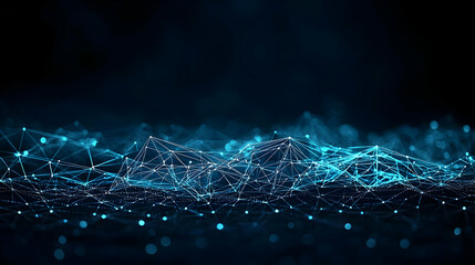 Abstract Digital Network Connection With Glowing Blue Lines and Dots Against Dark Background