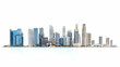 © Sujito - Panoramic City Skyline Of Modern Buildings In Blue And White Against Clear Sky Horizontal Perspective View
