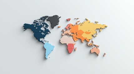 colorful 3d world map on white background, highlighting continents in unique shades, perfect for edu