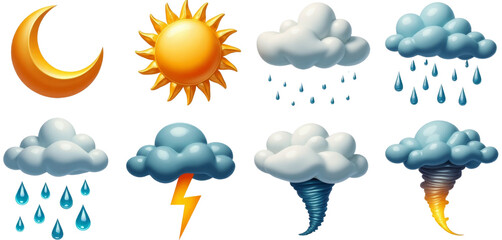 weather icon set with moon, sun, clouds, rain, lightning, and tornado with transparent background