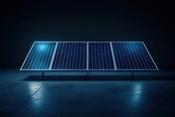 Four solar panels are illuminated in a blue futuristic scene