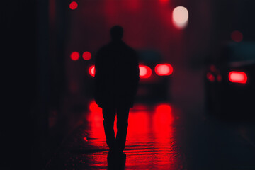 Wall Mural - night walker: the silhouette of a person walks into the urban night, reflecting on the wet road and 