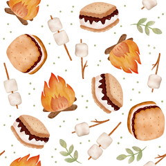 Wall Mural - Bonfire, mashmallow, s'more, leaves seamless pattern bacground png on transparent background