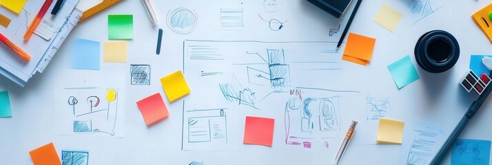 Fototapete - Creative brainstorming session with colorful sticky notes and hand-drawn sketches in a modern workspace