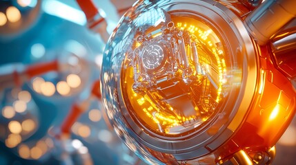 robot working and machine learning with algorithms Concept. Futuristic Technology with Bright Orange Core