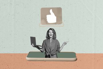 Banner abstract collage of woman blogger in cell phone screen hold laptop point background