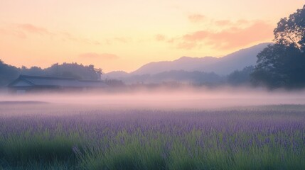 Aufkleber - Serene lavender field at sunrise with soft mist and delicate golden light instilling a tranquil mood