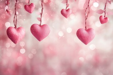 Poster - Soft pink hues and heart-shaped decorations hang gently, glowing with subtle sparkles, creating a dreamy and romantic ambiance for any occasion