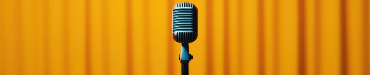 Leinwandbilder - Retro Chrome Microphone Spotlight Vintage Audio Performance Tech for Creative Storytelling, Podcasting and Professional Vocal Expression