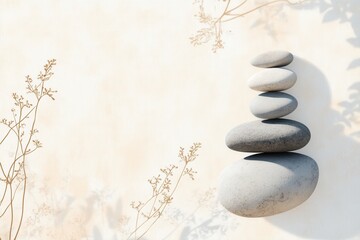 Poster - Balanced arrangement of smooth pebbles with soft pastel gradients and contrasting natural elements creating a tranquil Zen-inspired atmosphere
