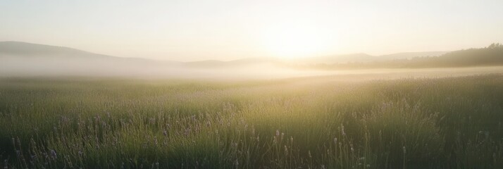 Poster - Serene lavender field at sunrise with soft mist and muted pastel tones illuminating the tranquil landscape