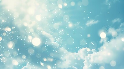abstract light blue and white background with sparkling bokeh and clouds.