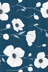 Naklejka na meble Vertical A seamless floral pattern featuring white flowers and buds on a textured blue background.