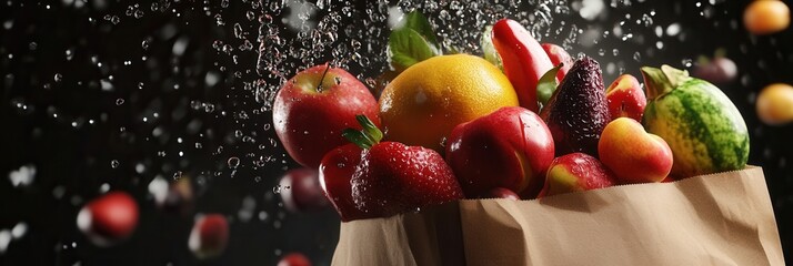Fototapete - Fresh fruits and vegetables tumble from a paper grocery bag in dramatic lighting during a dynamic slow-motion event