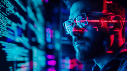 Code immersion: A programmer deeply focused on lines of code, illuminated by the glow of digital data streams reflected in his glasses in a blue and red color cast.