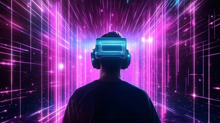 Wall Mural - a neon-colored futuristic painter in a high-tech art gallery, receiving a holographic award