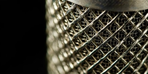 A close up of a silver object with a mesh pattern