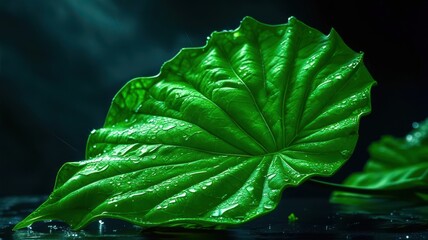 Poster - A leaf is shown in a dark background with water droplets on it